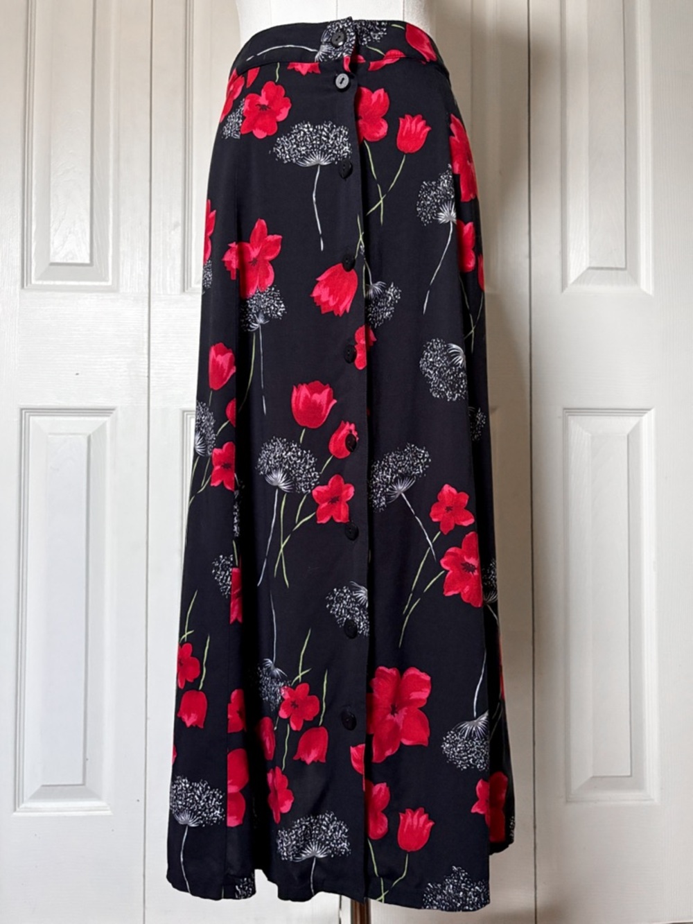 Vintage 90s Sag Harbor Petite Floral Button-Front Midi Skirt Size Large